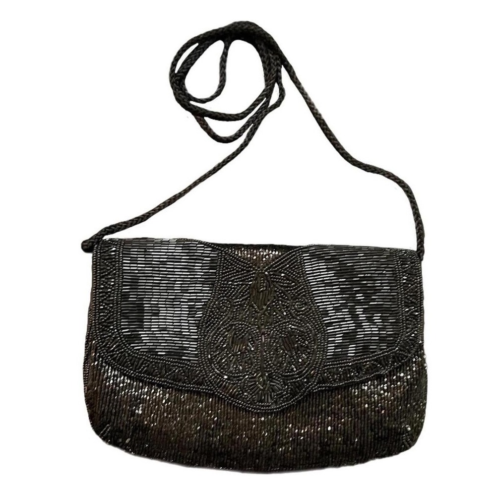 Evening Bag Black Beaded Vintage Style Handmade Shoulder Purse OS